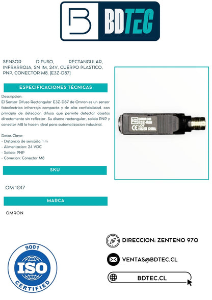 Sensor difuso, rectangular, infrarroja, sn 1 m, PNP, conector M8