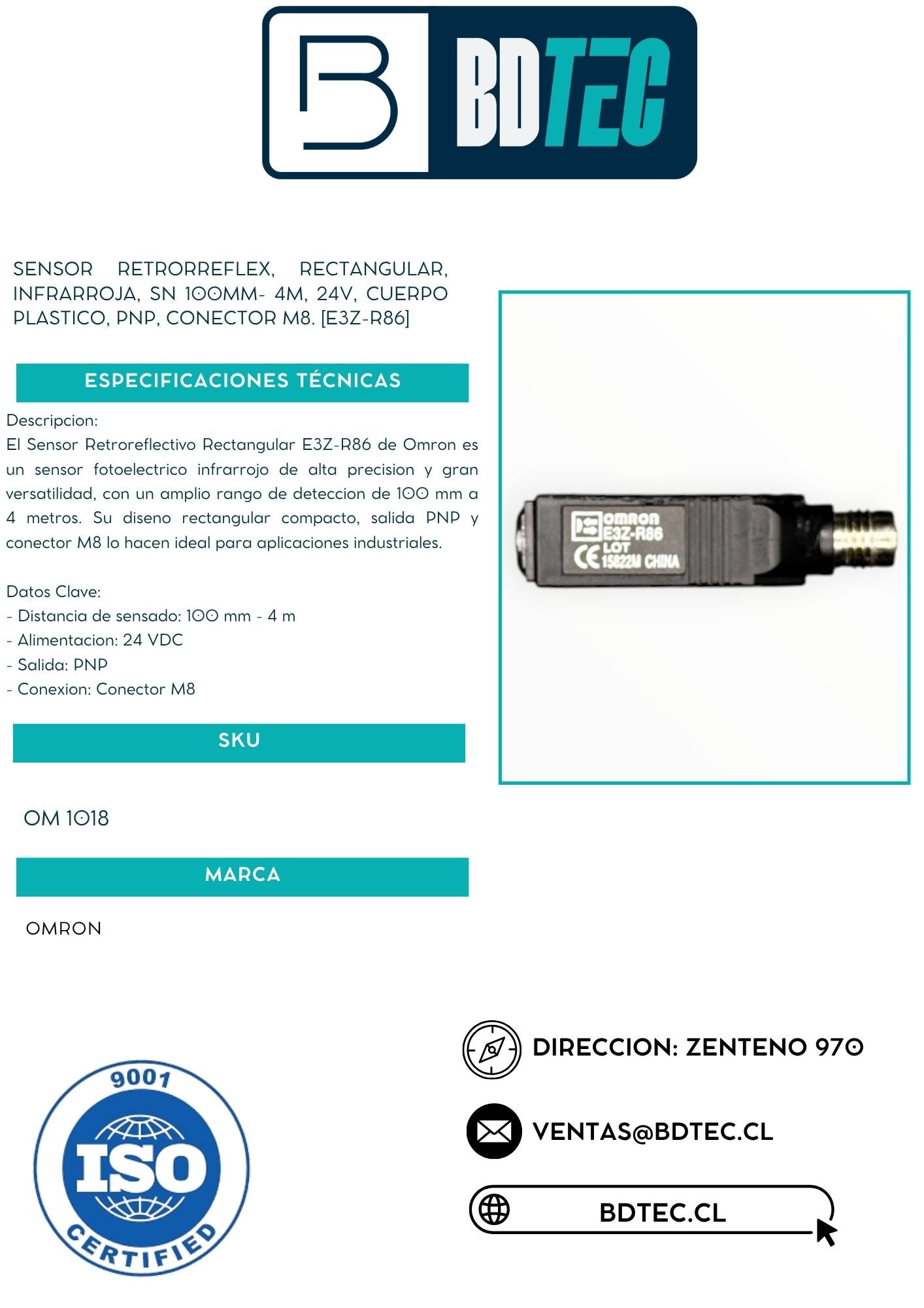 Sensor retrorreflex, rectangular, infrarroja, sn 100mm- 4m, 24v, cuerpo plastico, pnp, conector m8. [E3Z-R86]