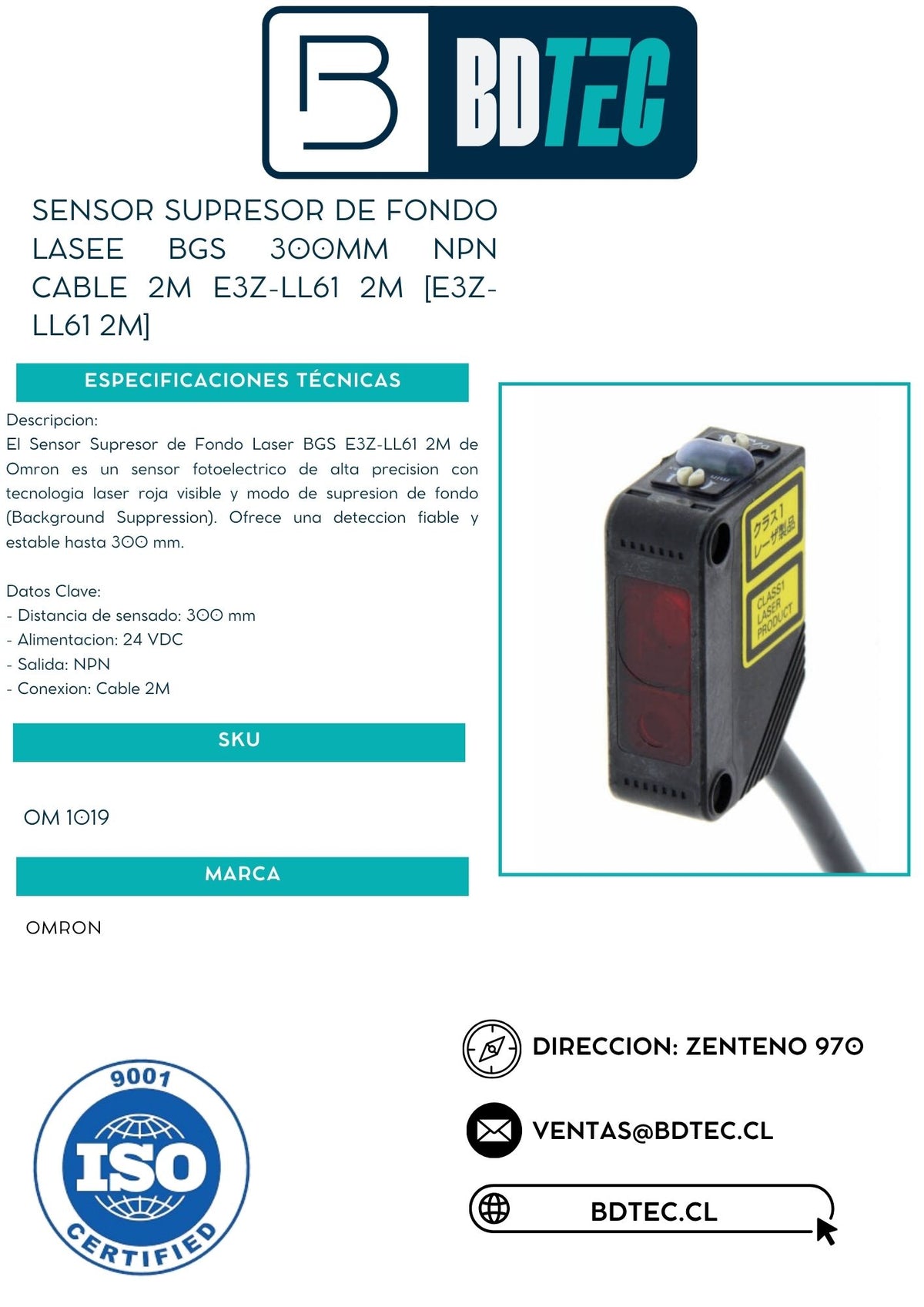 Sensor supresor de fondo láser bgs 300 mm NPN cable 2 m