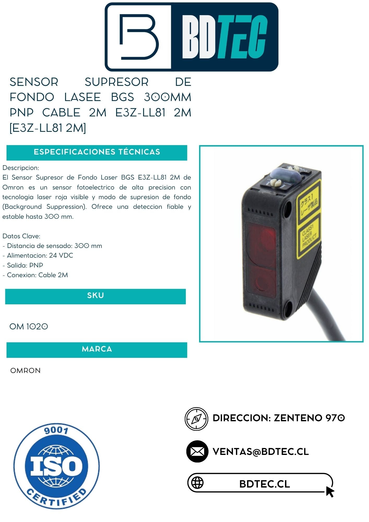 Sensor supresor de fondo lasee bgs 300mm pnp cable 2m e3z-ll81 2m [E3Z-LL81 2M]