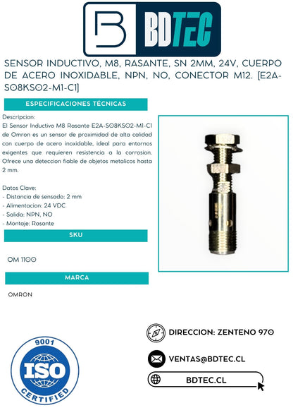 Sensor inductivo, m8, rasante, sn 2mm, 24v, cuerpo de acero inoxidable, npn, no, conector m12. [E2A-S08KS02-M1-C1]