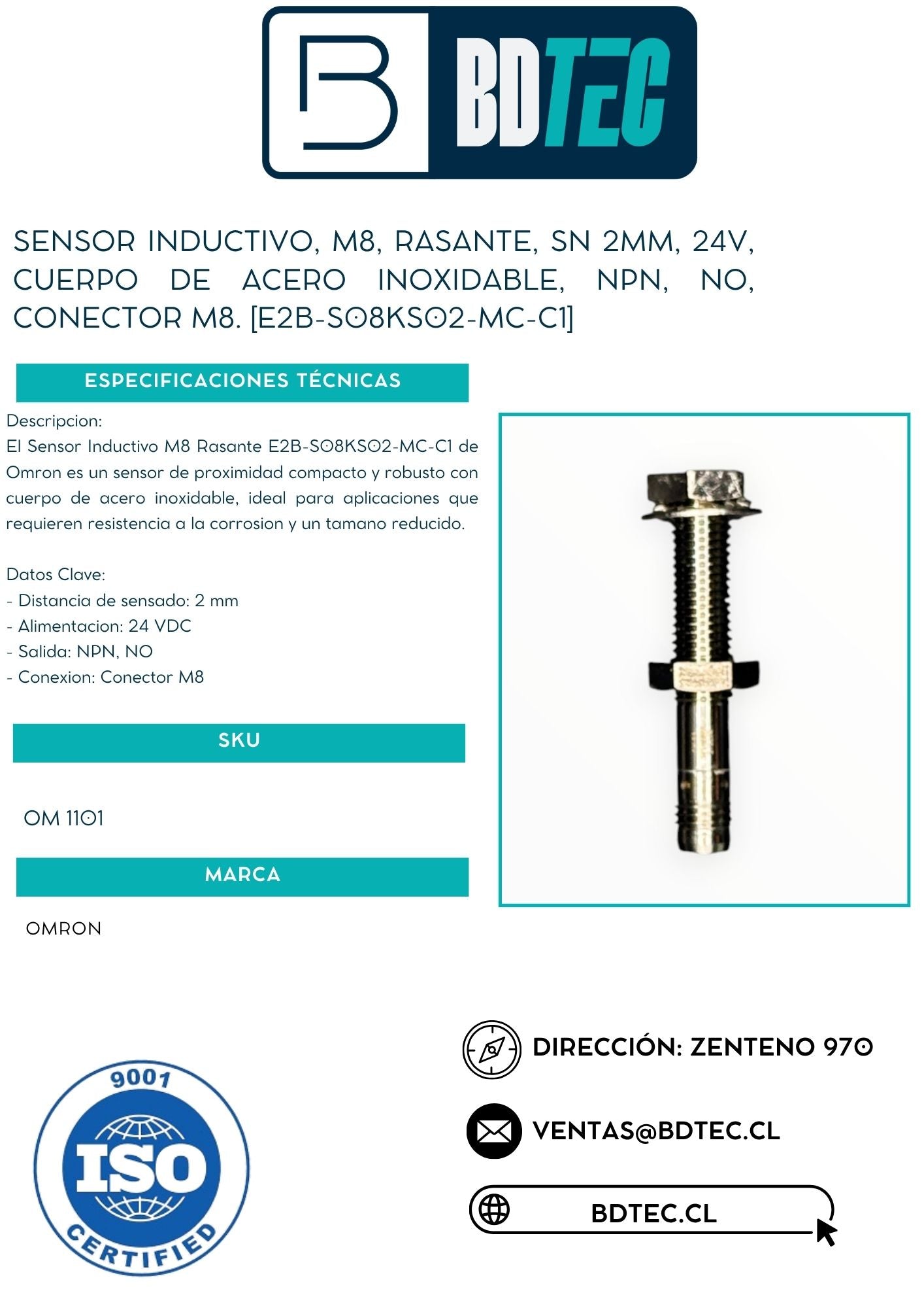 Sensor inductivo, m8, rasante, sn 2mm, 24v, cuerpo de acero inoxidable, npn, no, conector m8. [E2B-S08KS02-MC-C1]