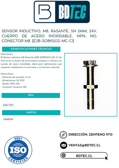 Sensor inductivo, m8, rasante, sn 2mm, 24v, cuerpo de acero inoxidable, npn, no, conector m8. [E2B-S08KS02-MC-C1]