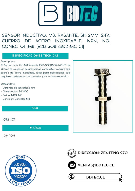 Sensor inductivo, m8, rasante, sn 2mm, 24v, cuerpo de acero inoxidable, npn, no, conector m8. [E2B-S08KS02-MC-C1]
