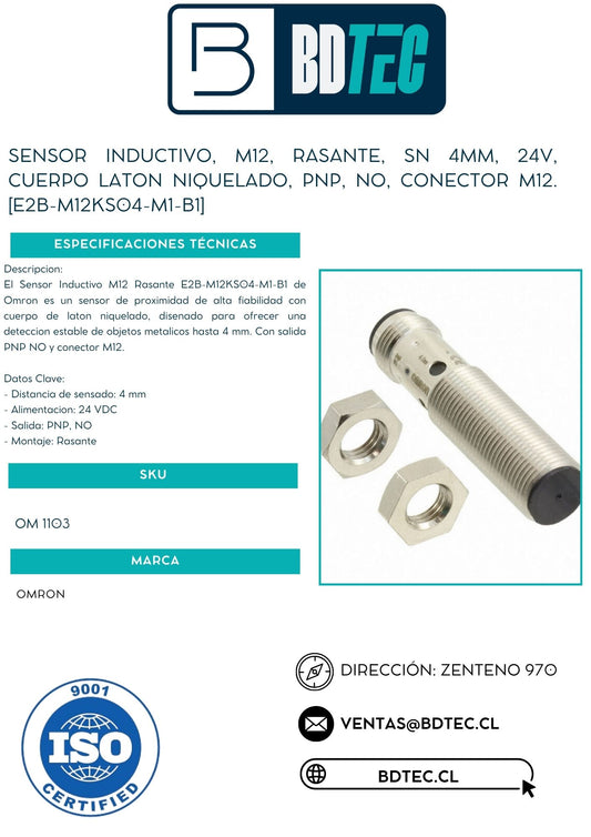 Sensor inductivo, m12, rasante, sn 4mm, 24v, cuerpo laton niquelado, pnp, no, conector m12. [E2B-M12KS04-M1-B1]
