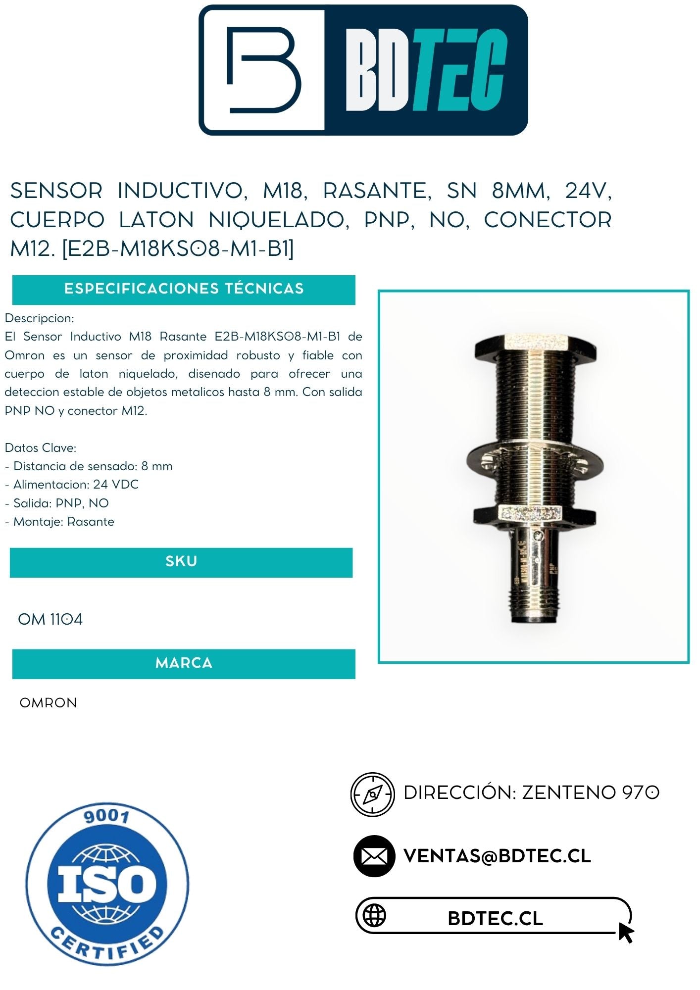 Sensor inductivo, m18, rasante, sn 8mm, 24v, cuerpo laton niquelado, pnp, no, conector m12. [E2B-M18KS08-M1-B1]