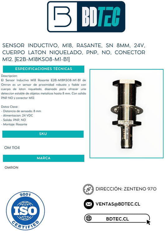 Sensor inductivo, m18, rasante, sn 8mm, 24v, cuerpo laton niquelado, pnp, no, conector m12. [E2B-M18KS08-M1-B1]