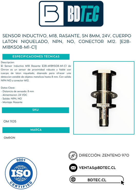 Sensor inductivo, m18, rasante, sn 8mm, 24v, cuerpo laton niquelado, npn, no, conector m12. [E2B-M18KS08-M1-C1]