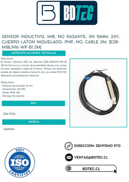Sensor inductivo, m18, no rasante, sn 16mm, 24v, cuerpo laton niquelado, pnp, no, cable 2m. [E2B-M18LN16-WP-B1 2M]