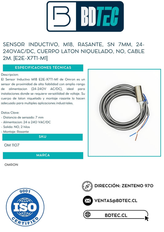 Sensor inductivo, m18, rasante, sn 7mm, 24-240vac/dc, cuerpo laton niquelado, no, cable 2m. [E2E-X7T1-M1]