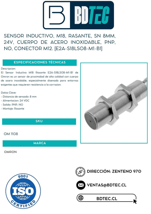 Sensor inductivo, m18, rasante, sn 8mm, 24v, cuerpo de acero inoxidable, pnp, no, conector m12. [E2A-S18LS08-M1-B1]