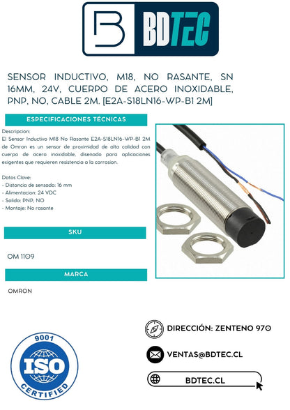 Sensor inductivo, m18, no rasante, sn 16mm, 24v, cuerpo de acero inoxidable, pnp, no, cable 2m. [E2A-S18LN16-WP-B1 2M]