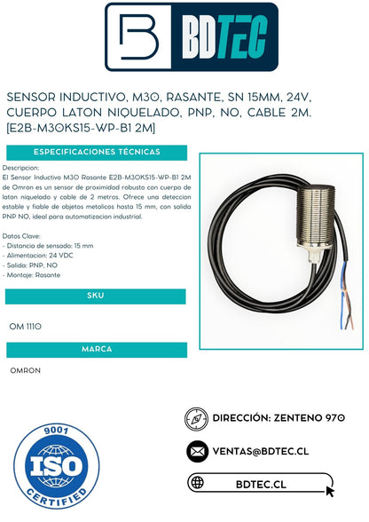 Sensor inductivo, m30, rasante, sn 15mm, 24v, cuerpo laton niquelado, pnp, no, cable 2m. [E2B-M30KS15-WP-B1 2M]