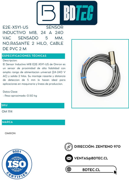 E2e-x5y1-us sensor inductivo m18, 24 a 240 vac sensado 5 mm, no,rasante 2 hilo, cable de pvc 2 m