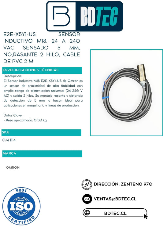 E2e-x5y1-us sensor inductivo m18, 24 a 240 vac sensado 5 mm, no,rasante 2 hilo, cable de pvc 2 m