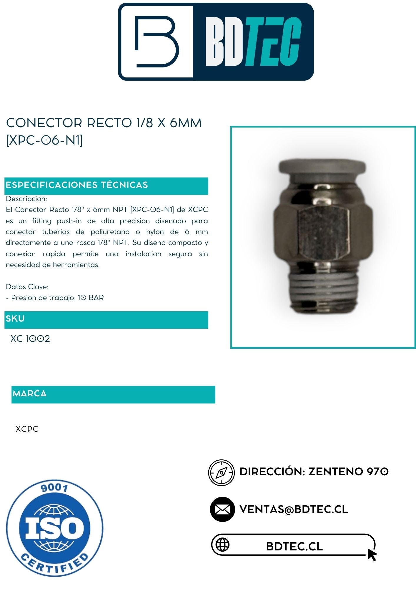 Conector recto 1/8 x 6mm [XPC-06-N1]