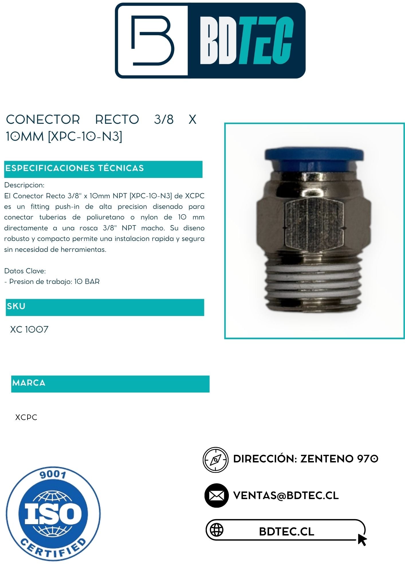 Conector recto 3/8 x 10mm [XPC-10-N3]