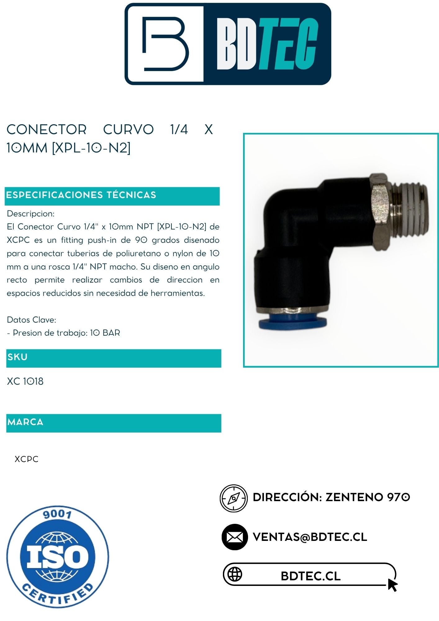 Conector curvo 1/4 x 10mm [XPL-10-N2]