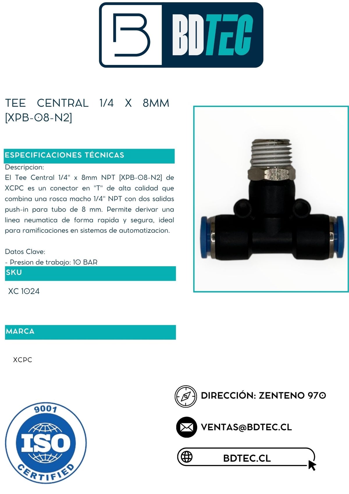 Tee neumática central 1/4 x 8 mm XCPC XPB-08-N2 - vista 2