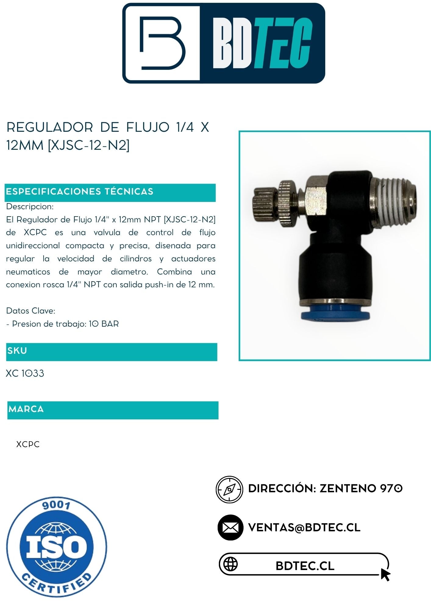 Regulador neumático de flujo 1/4 x 12 mm