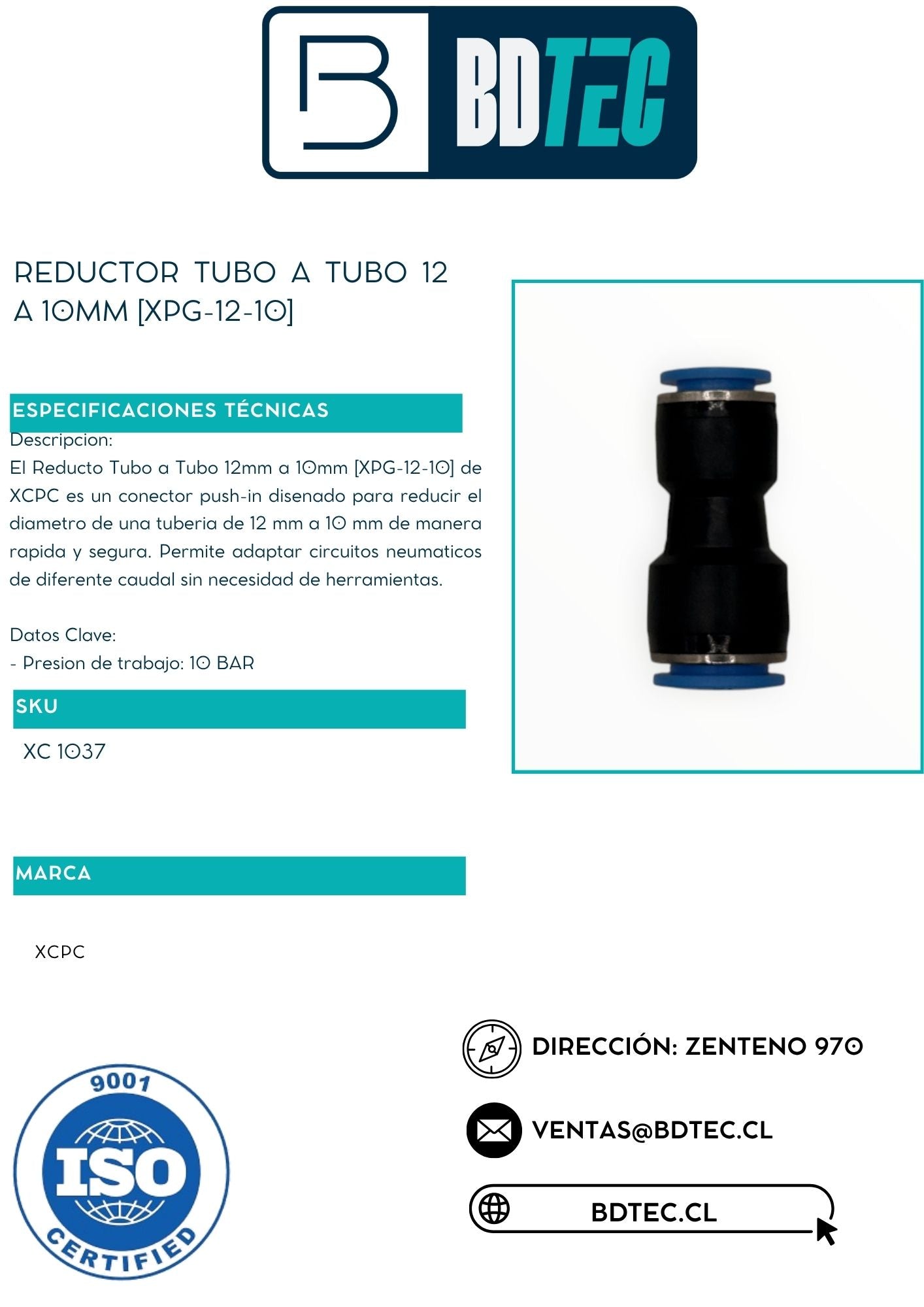 Reductor tubo a tubo 12 a 10mm [XPG-12-10]