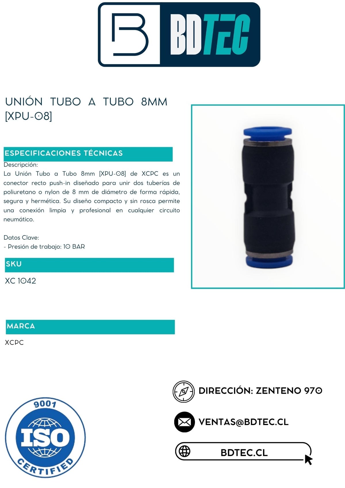 Unión neumática tubo a tubo 8 mm ZT XPU-08 - vista 2
