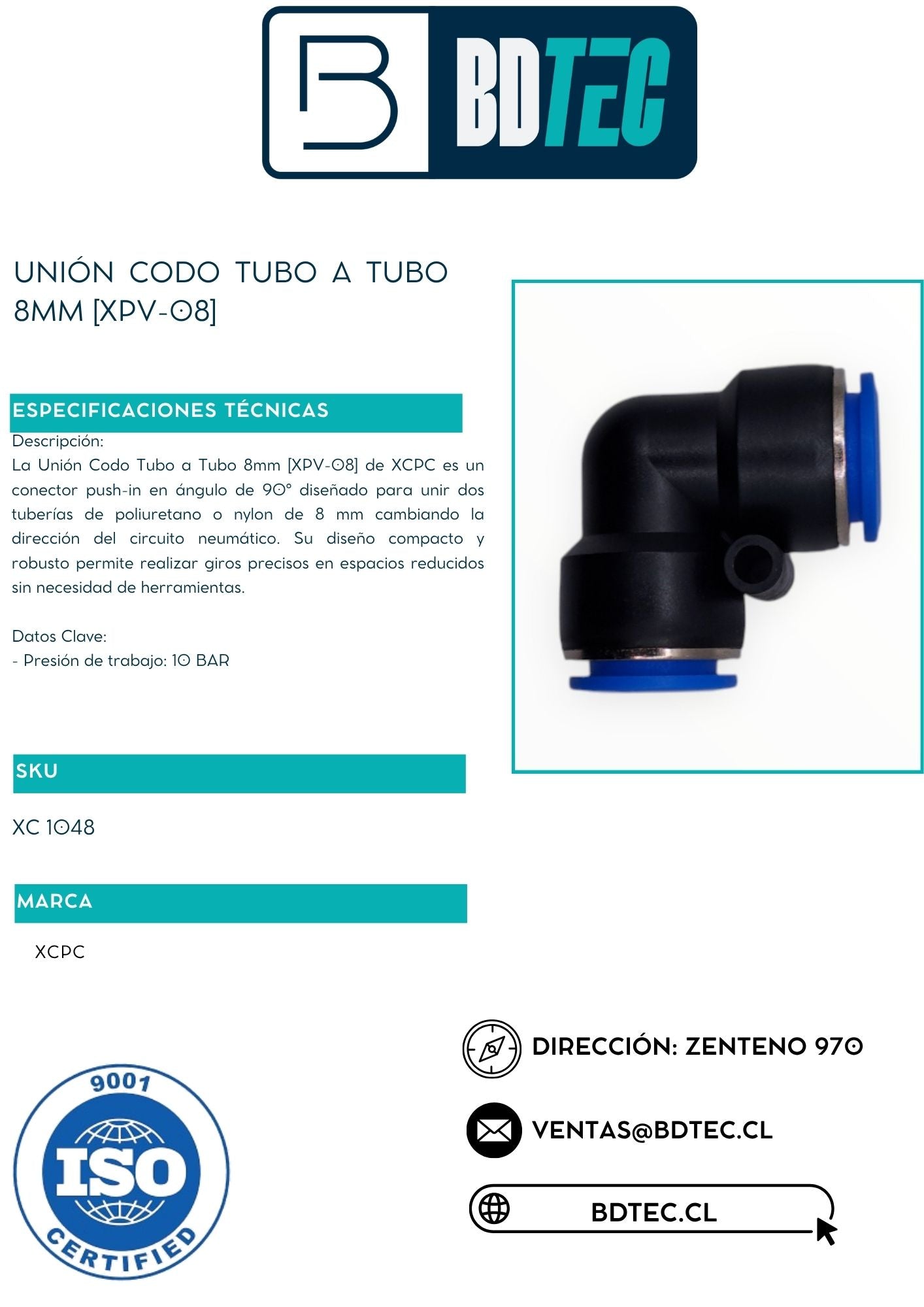 Unión codo tubo a tubo 8mm [XPV-08]