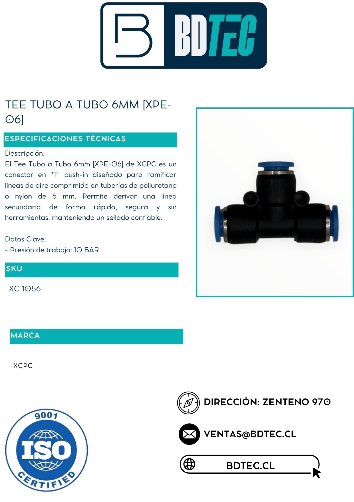Tee tubo a tubo 6mm [XPE-06]