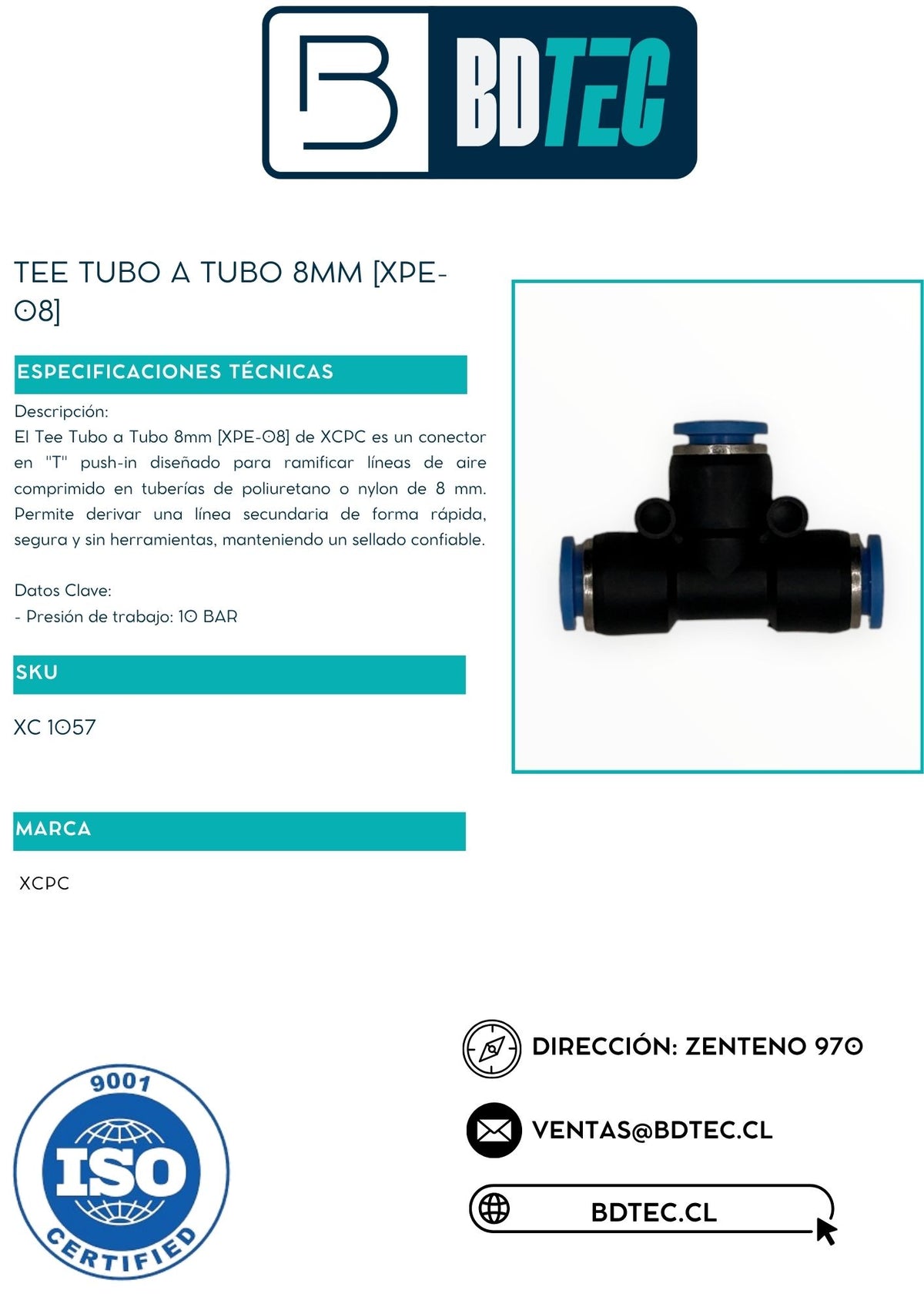 Tee neumática tubo a tubo 8 mm ZT XPE-08 - vista 2