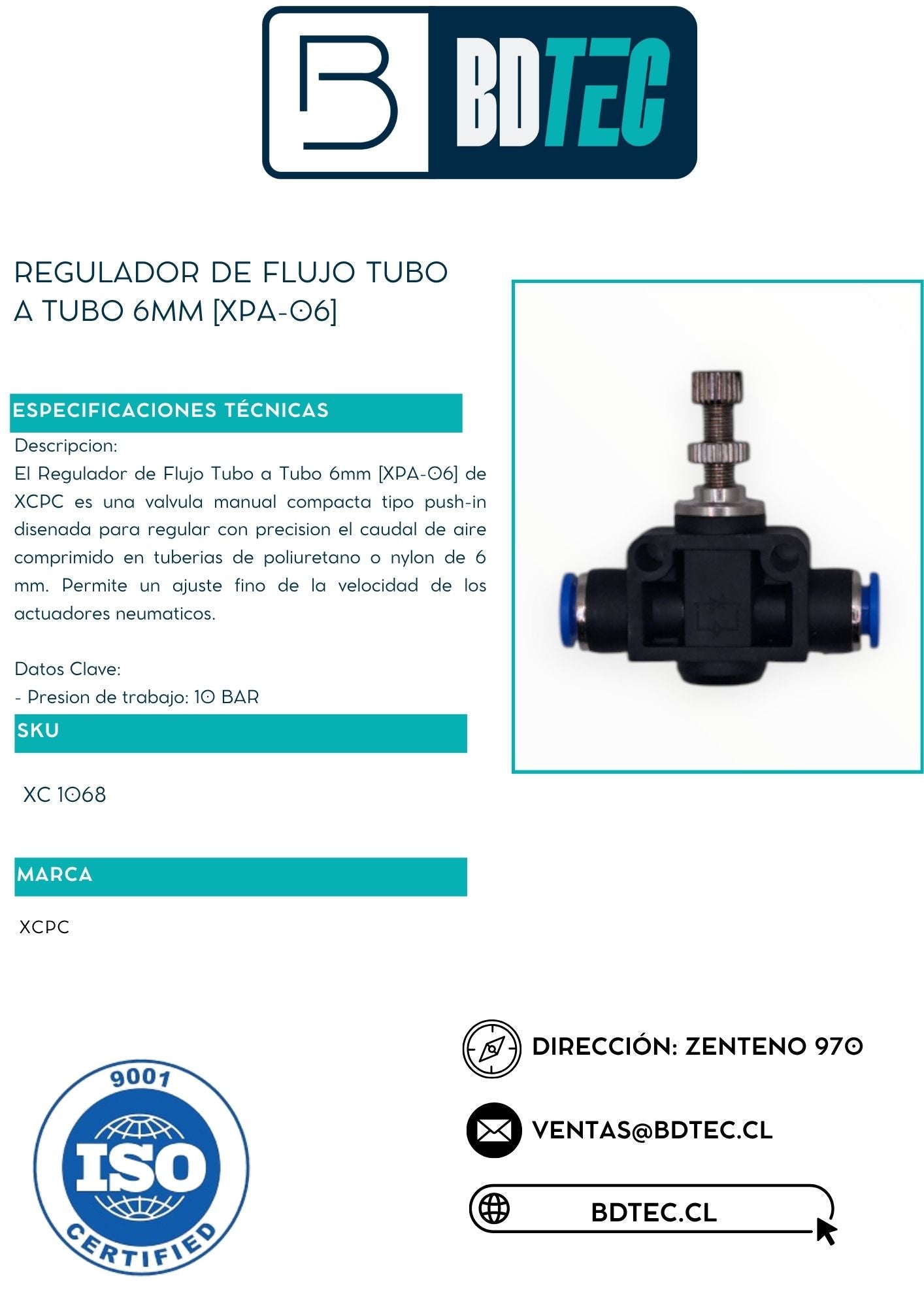 Regulador neumático de flujo tubo a tubo 8 mm