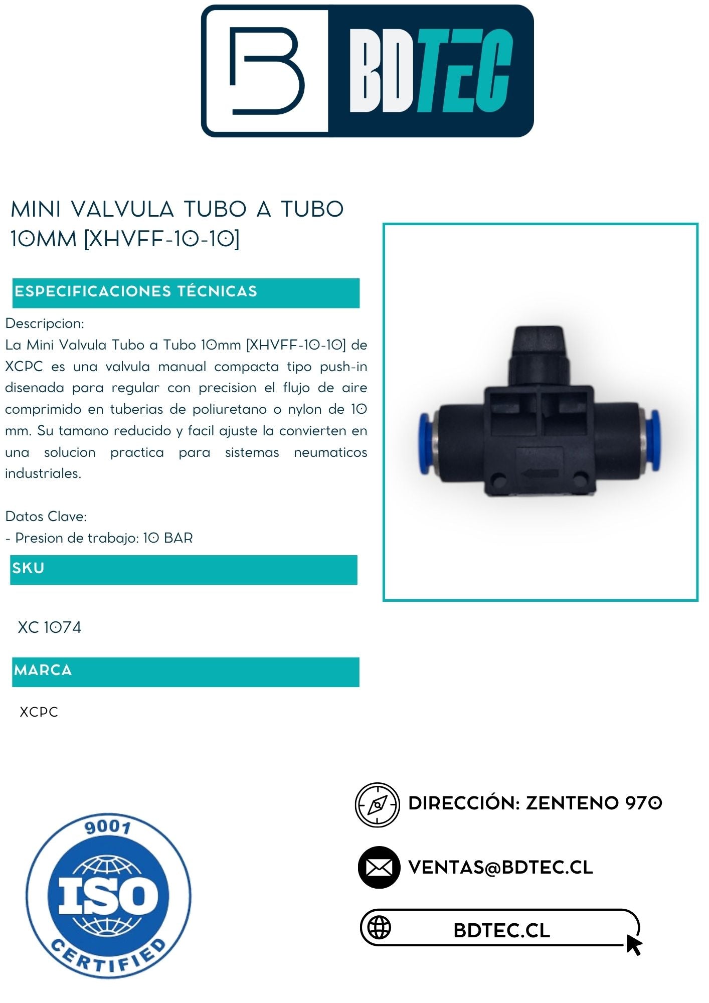 Mini valvula tubo a tubo 10mm [XHVFF-10-10]