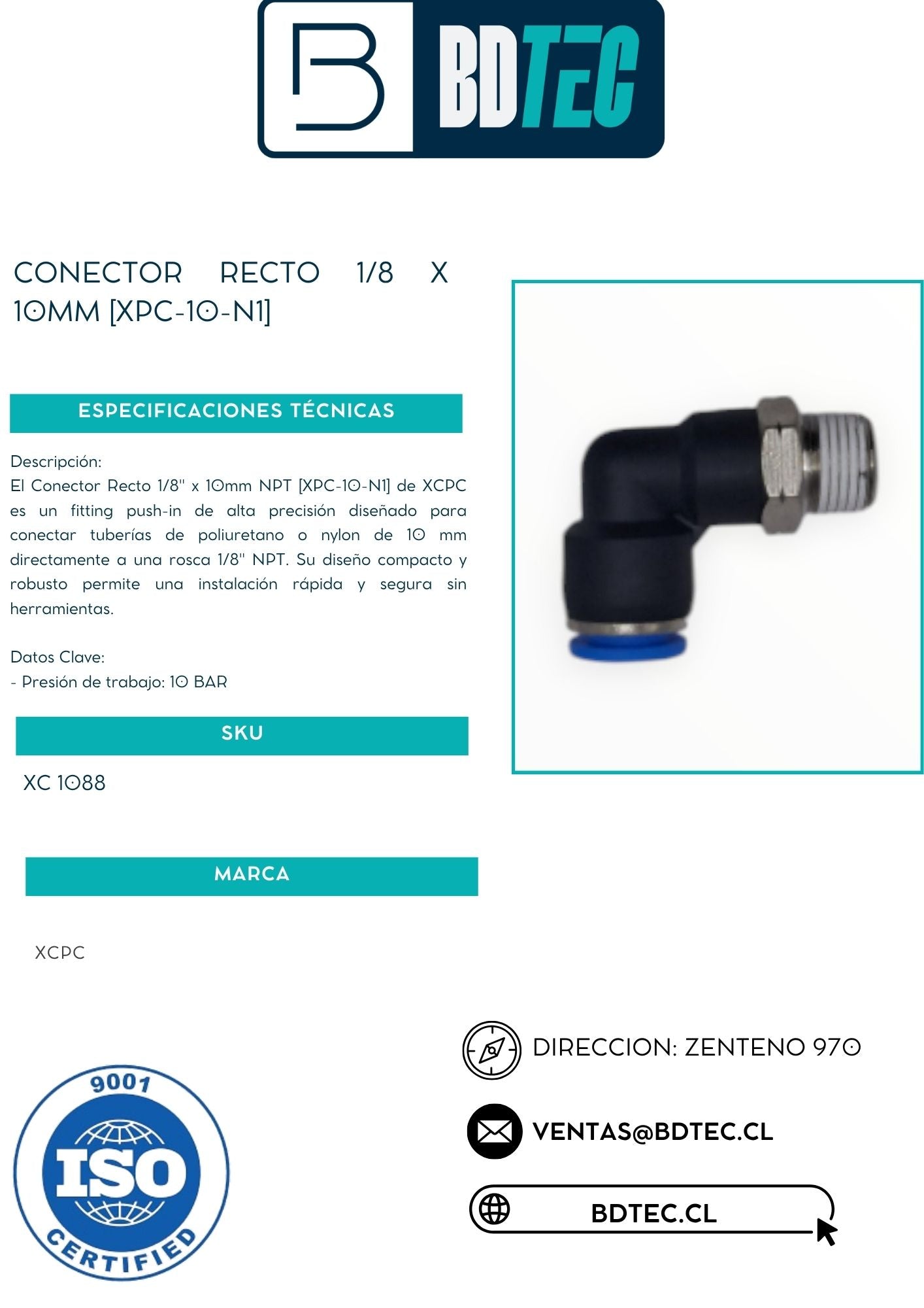 Conector recto 1/8 x 10mm [XPC-10-N1]
