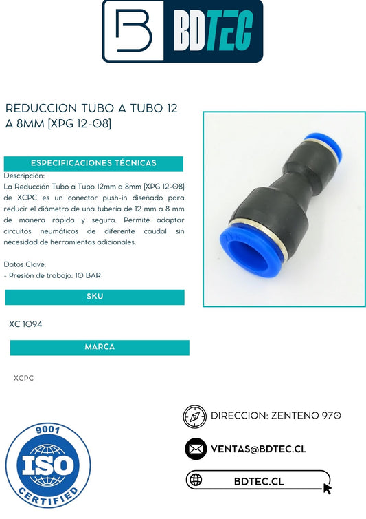 Reduccion tubo a tubo 12 a 8mm [XPG 12-08]