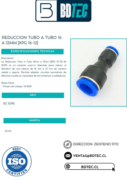 Reduccion tubo a tubo 16 a 12mm [XPG 16-12]