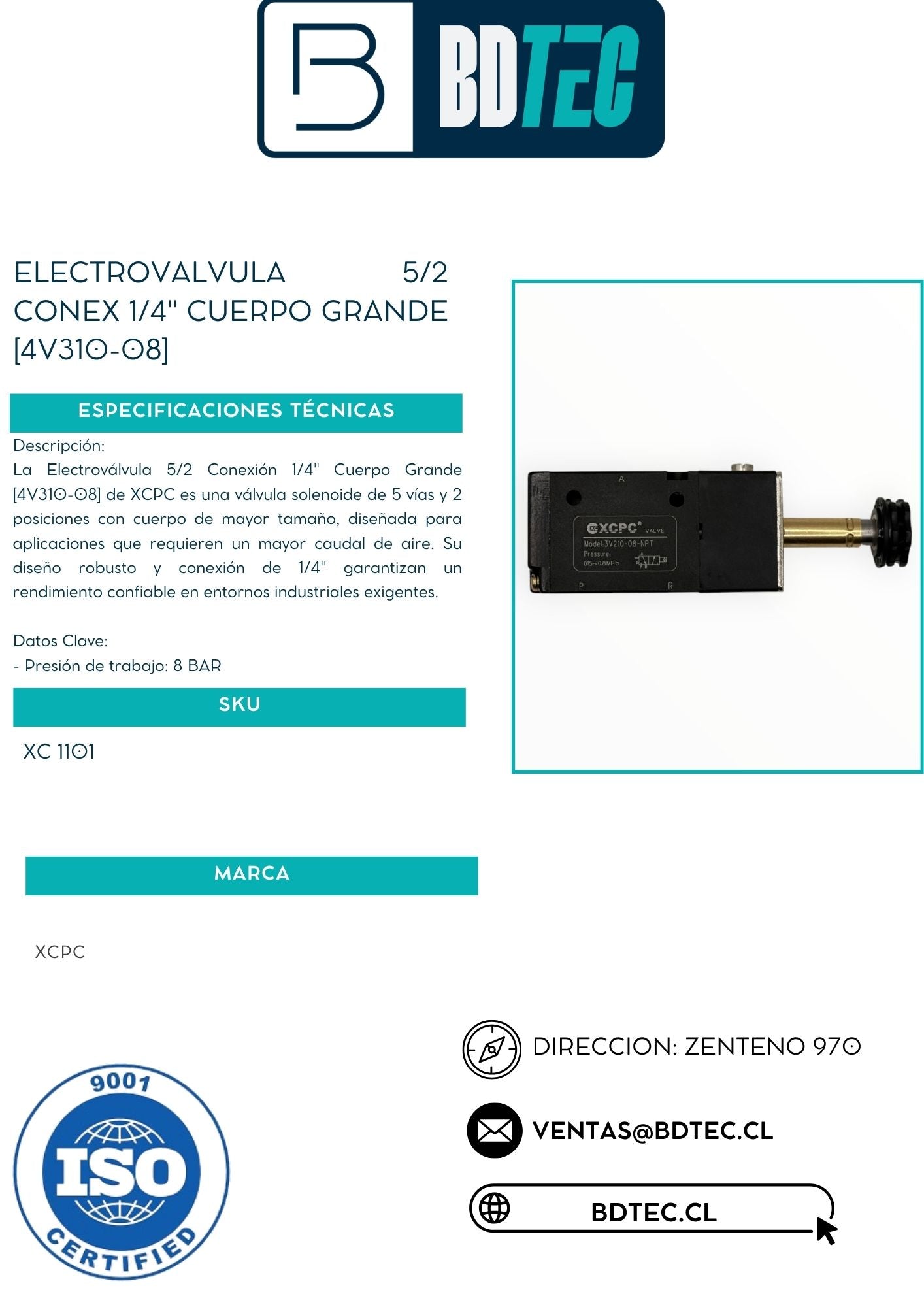 Electrovalvula 5/2 conex 1/4" cuerpo grande [4V310-08]