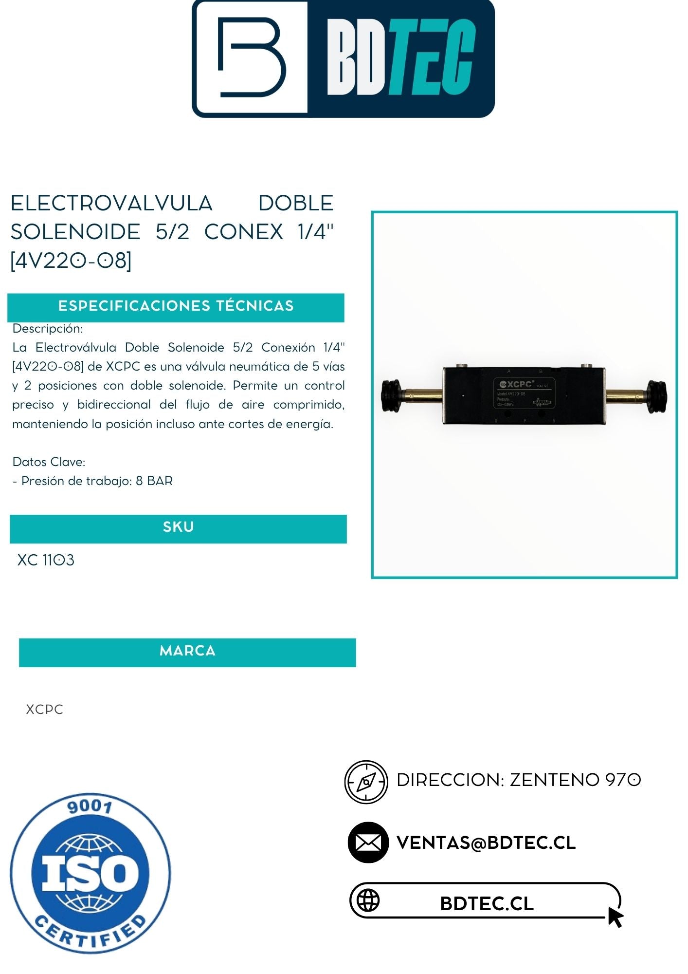 Electrovalvula doble solenoide 5/2 conex 1/4" [4V220-08]