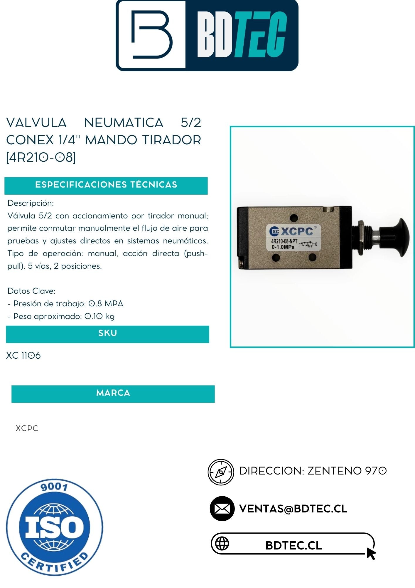 Valvula neumatica 5/2 conex 1/4" mando tirador [4R210-08]