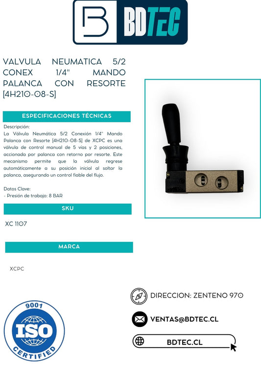Valvula neumatica 5/2 conex 1/4" mando palanca con resorte [4H210-08-S]