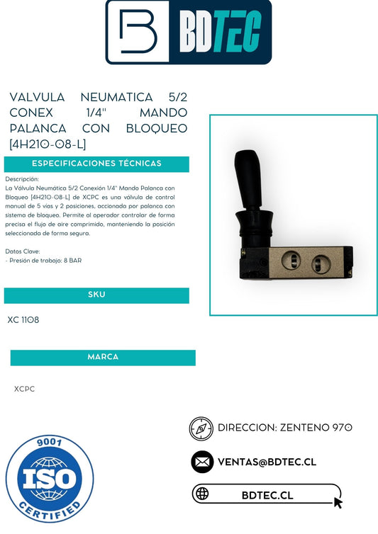 Valvula neumatica 5/2 conex 1/4" mando palanca con bloqueo [4H210-08-L]