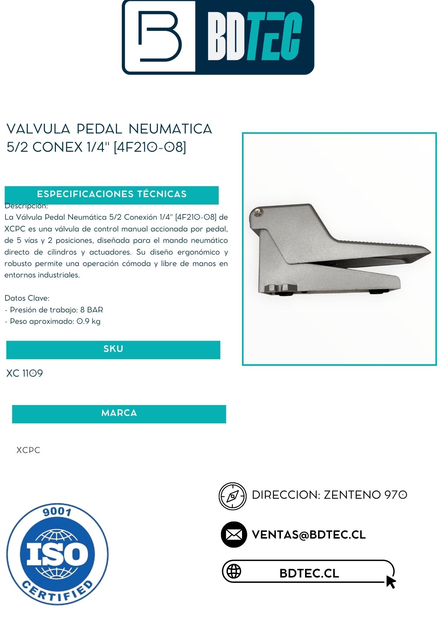 Valvula pedal neumatica 5/2 conex 1/4" [4F210-08]
