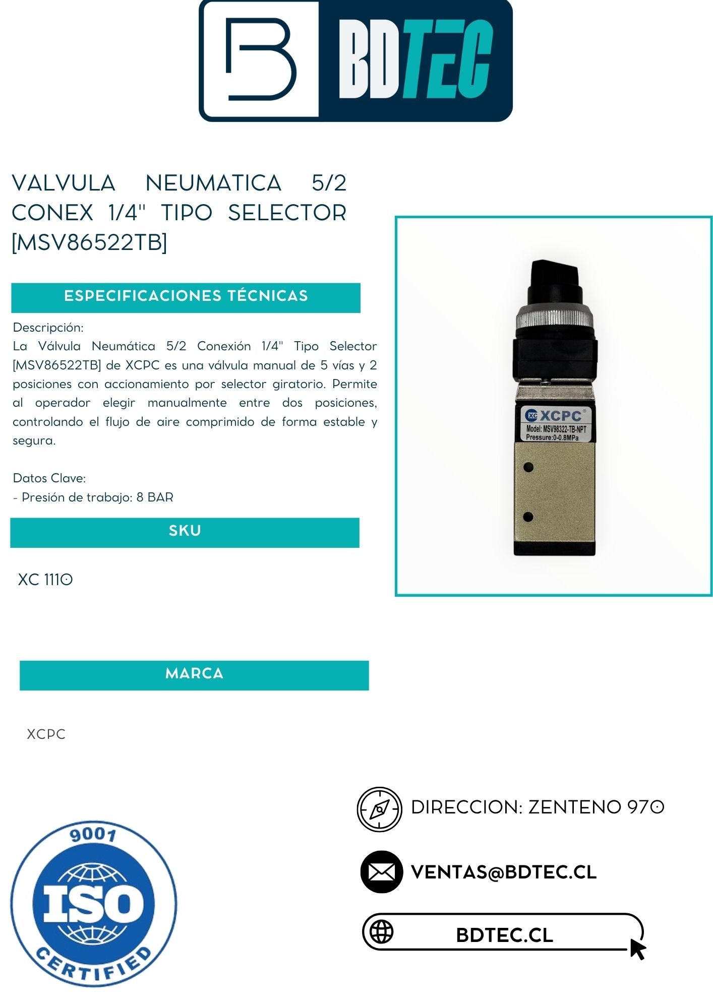 Valvula neumatica 5/2 conex 1/4" tipo selector [MSV86522TB]