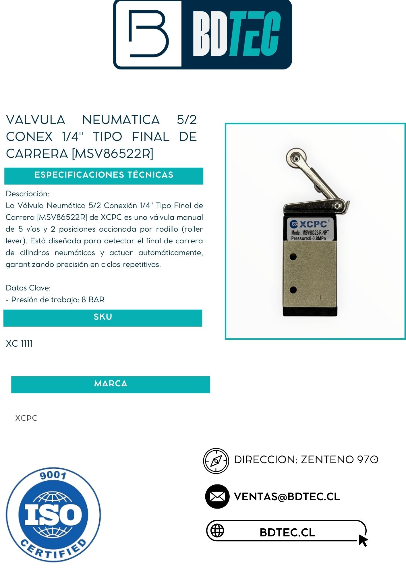 Valvula neumatica 5/2 conex 1/4" tipo final de carrera [MSV86522R]