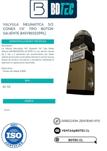 Valvula neumatica 5/2 conex 1/4" tipo boton saliente [MSV86522PPL]