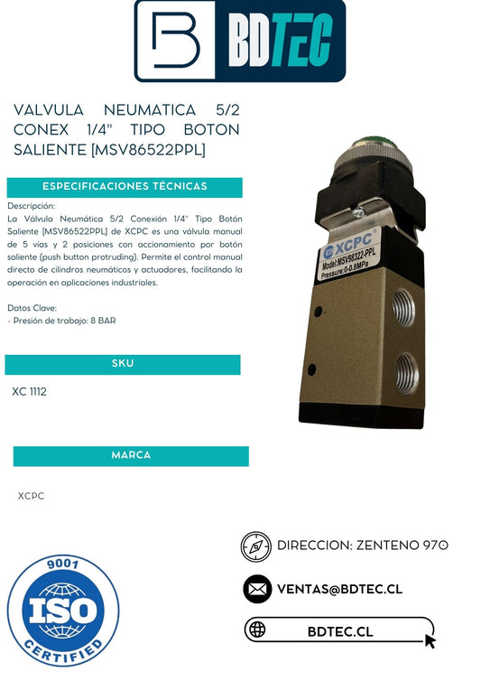 Valvula neumatica 5/2 conex 1/4" tipo boton saliente [MSV86522PPL]