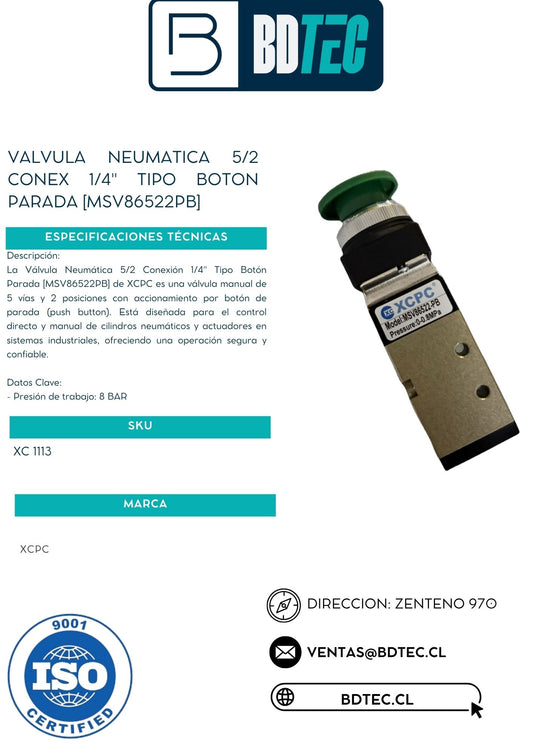 Valvula neumatica 5/2 conex 1/4" tipo boton parada [MSV86522PB]
