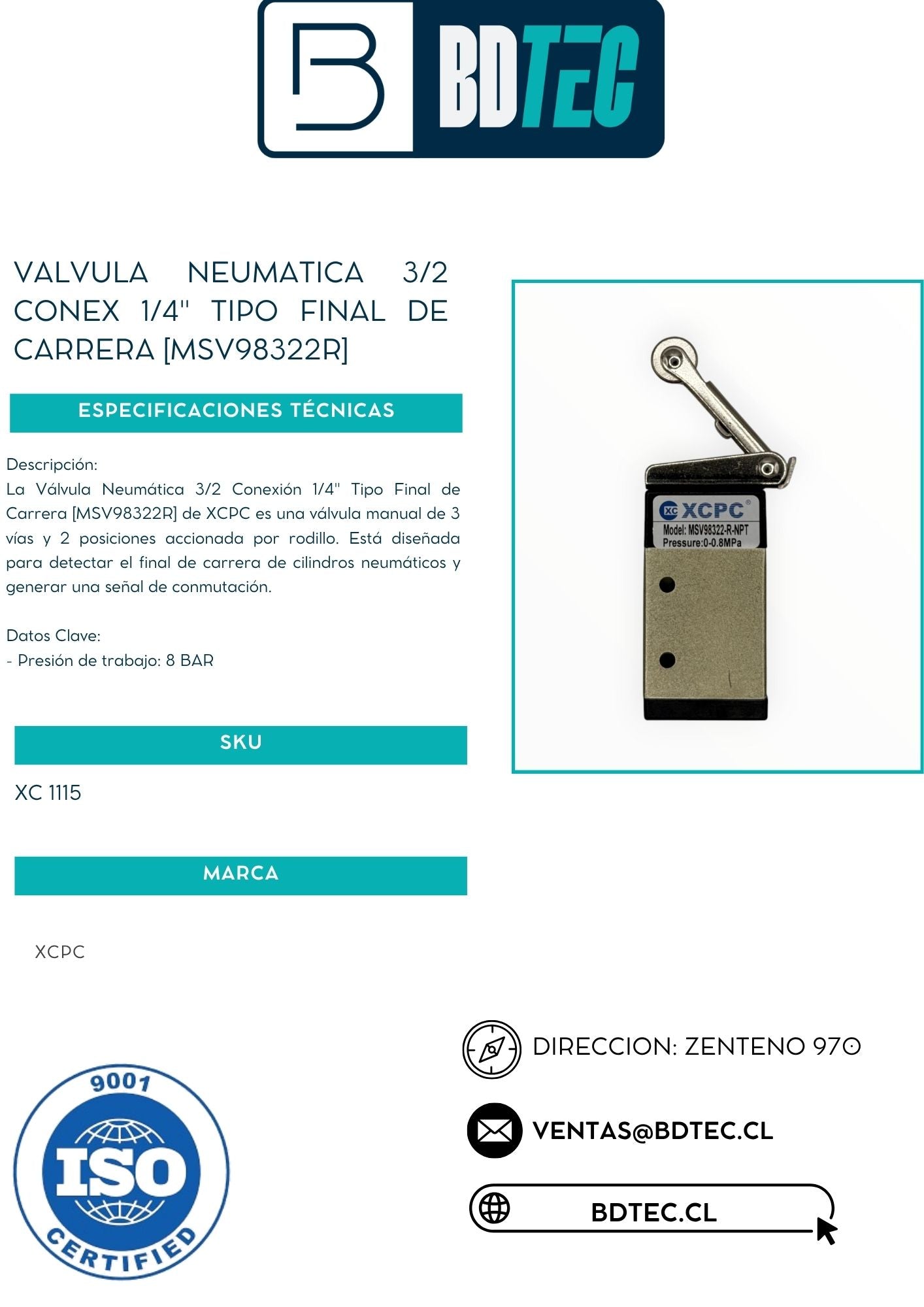 Valvula neumatica 3/2 conex 1/4" tipo final de carrera [MSV98322R]