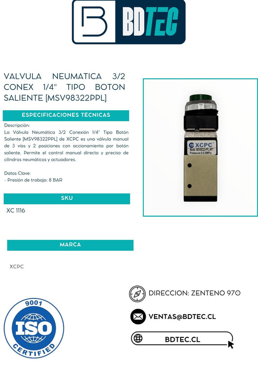 Valvula neumatica 3/2 conex 1/4" tipo boton saliente [MSV98322PPL]