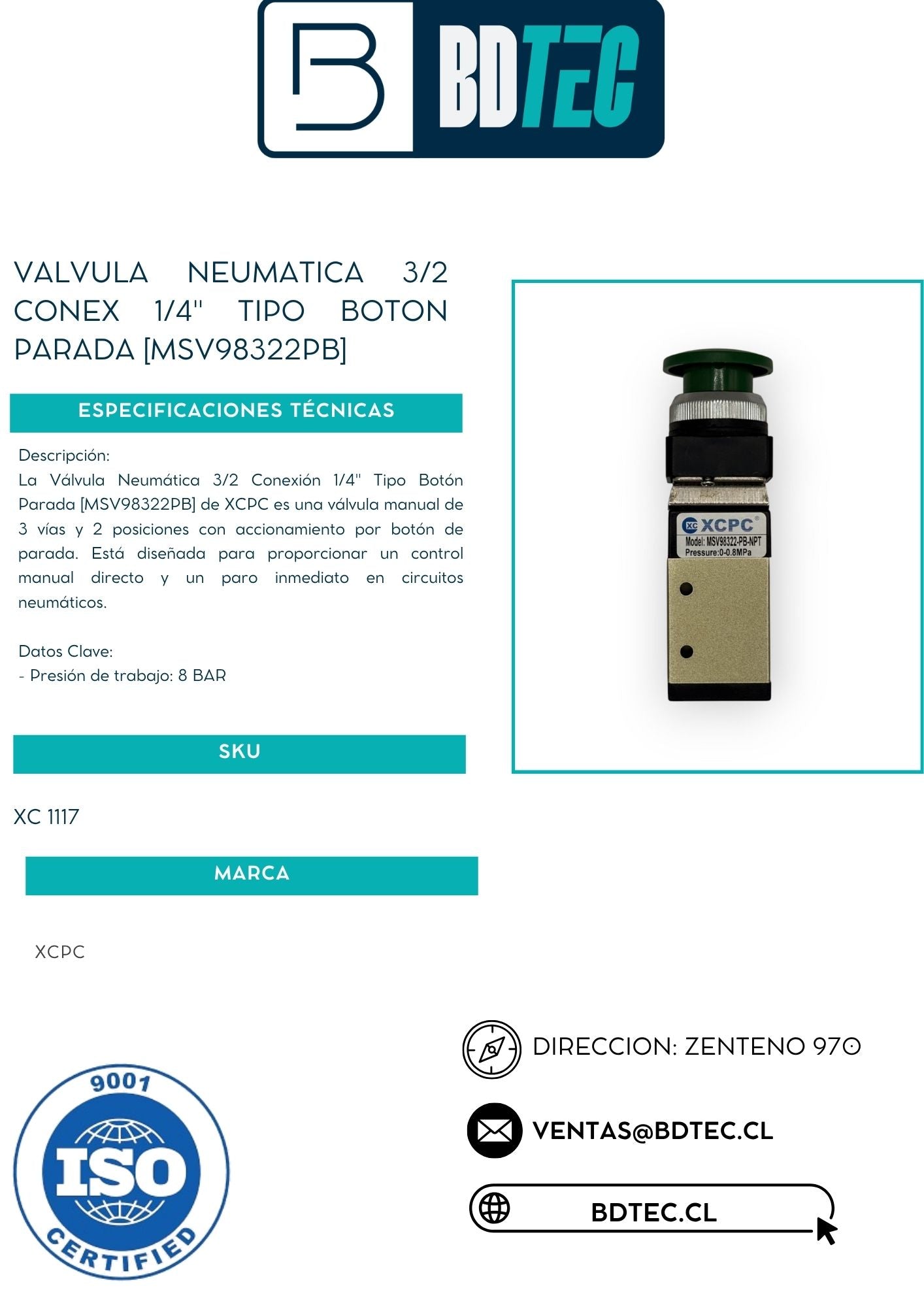 Valvula neumatica 3/2 conex 1/4" tipo boton parada [MSV98322PB]