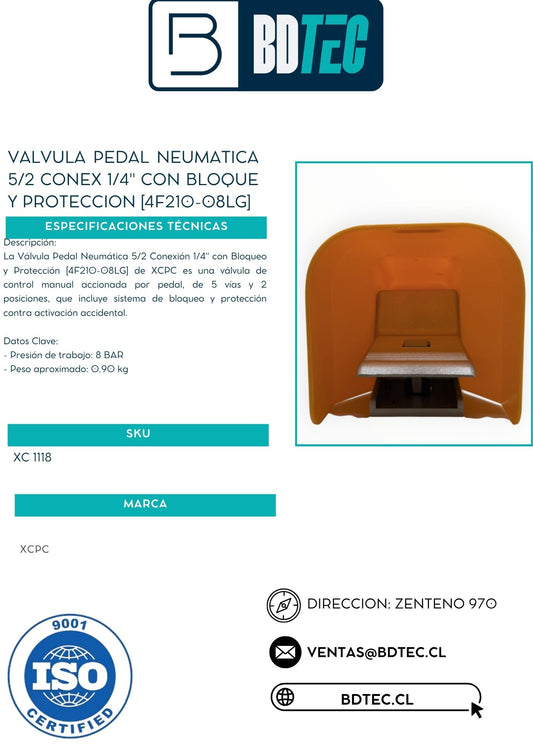 Valvula pedal neumatica 5/2 conex 1/4" con bloque y proteccion [4F210-08LG]