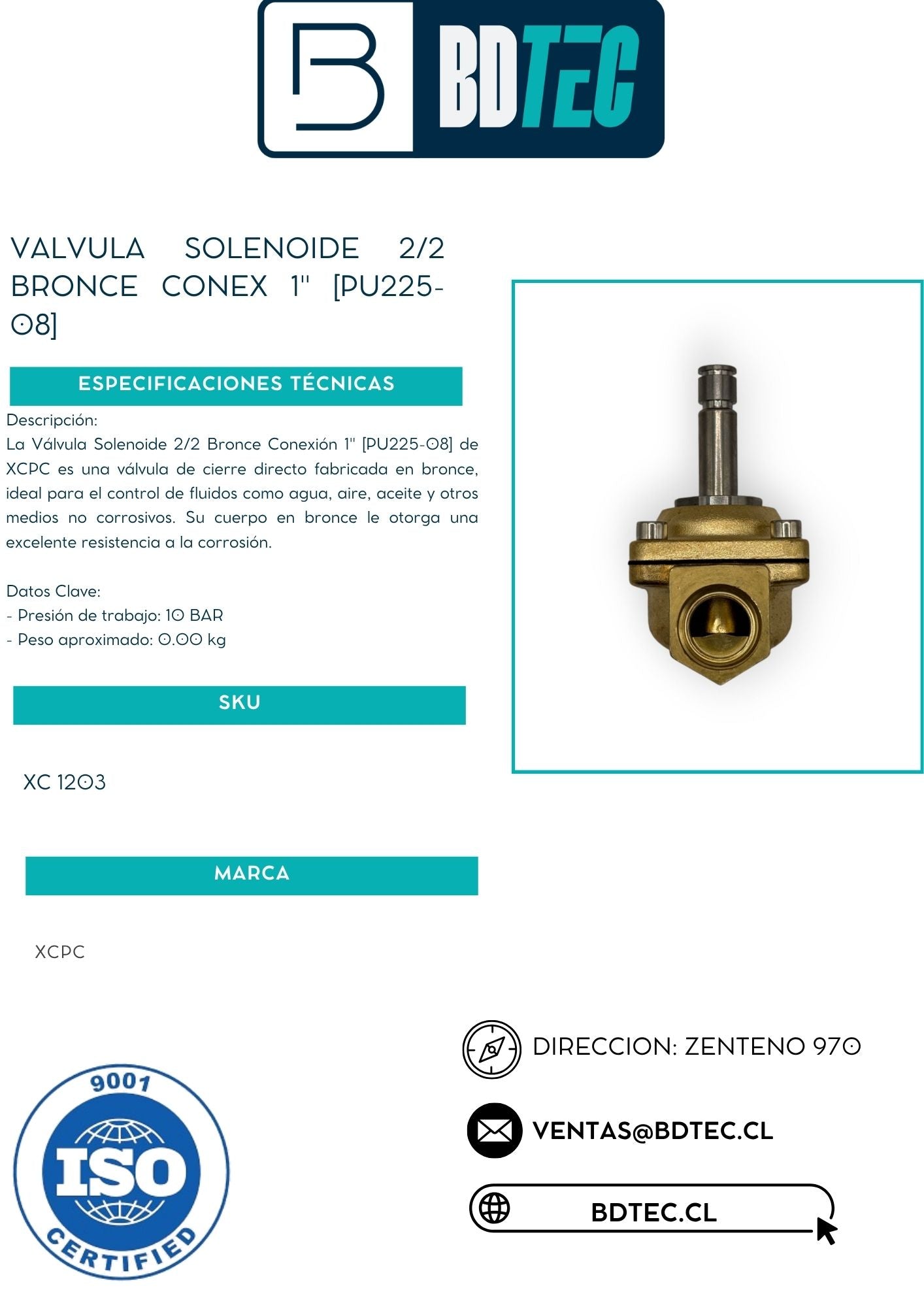 Valvula solenoide 2/2 bronce conex 1" [PU225-08]